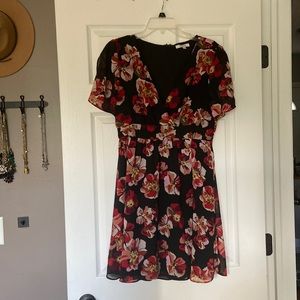 Black, pink and red floral v-neck tulip sleeve Madewell Dress. EUC size 6